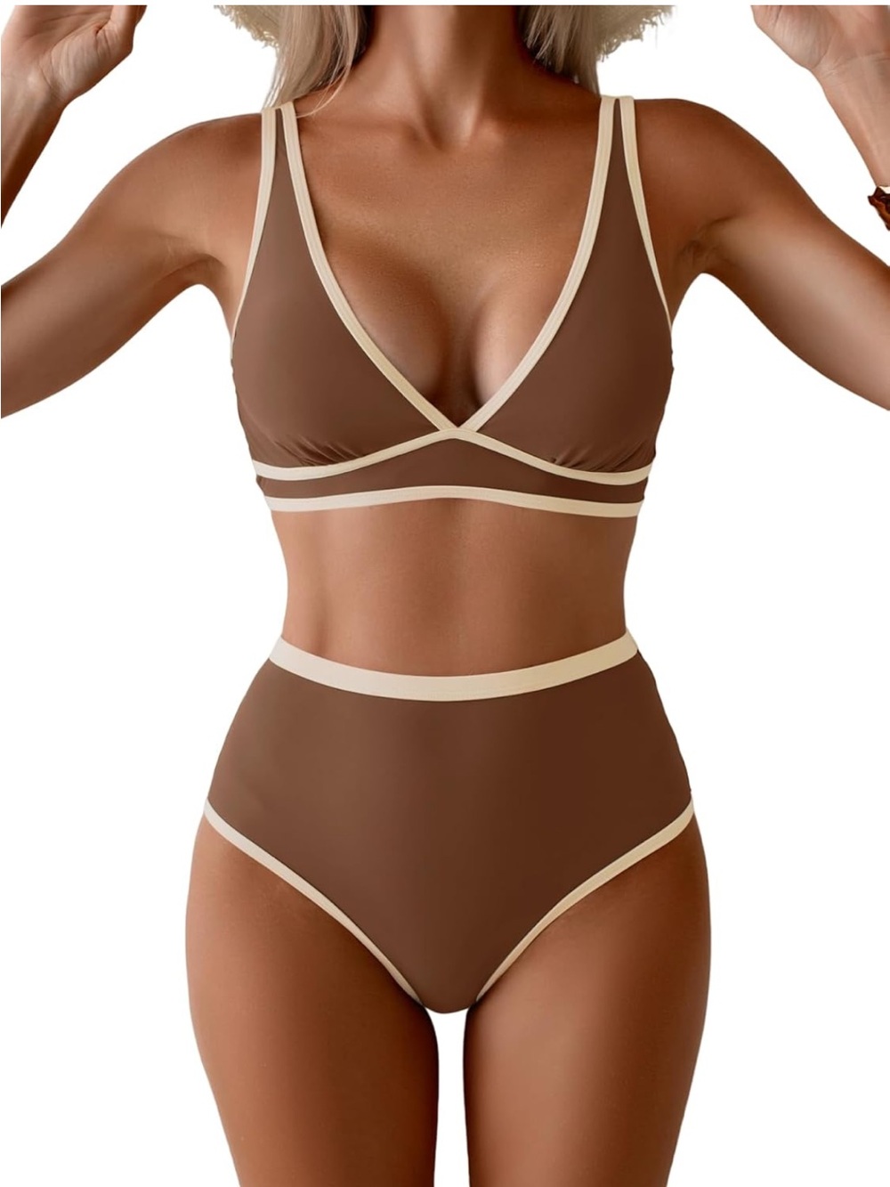 New - High-Waist Brown Contrast Trim Bikini - Women Swim - Color Block